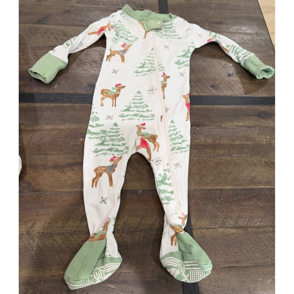 Burts Bees Baby Reindeer Christmas Footed Sleeper Organic Cotton Ivory  0-3M